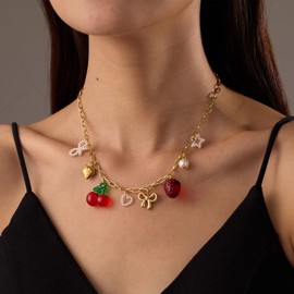 Gold Charm Necklace for Women Red Heart Cherry Strawberry Pearl Bow Charms Strawberry Shortcake Trendy Western Cowgirl Jewelry