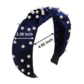 CAUDIO Knotted Velvet Pearl Wide Headband Cross Twisted Elastic Vintage Hairbands for Women and Girls Casual Party Dating Head Bands (Navy Blue)