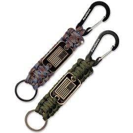 Paracord Keychain Carabiner with Cool USA Flag Men/Women, Military Braided Key Chain with Hook Clip Ring, Heavy Duty Key Lanyard for Car Keys/Backpack, Camping Hiking, 2-Pcs (Green & Camo)
