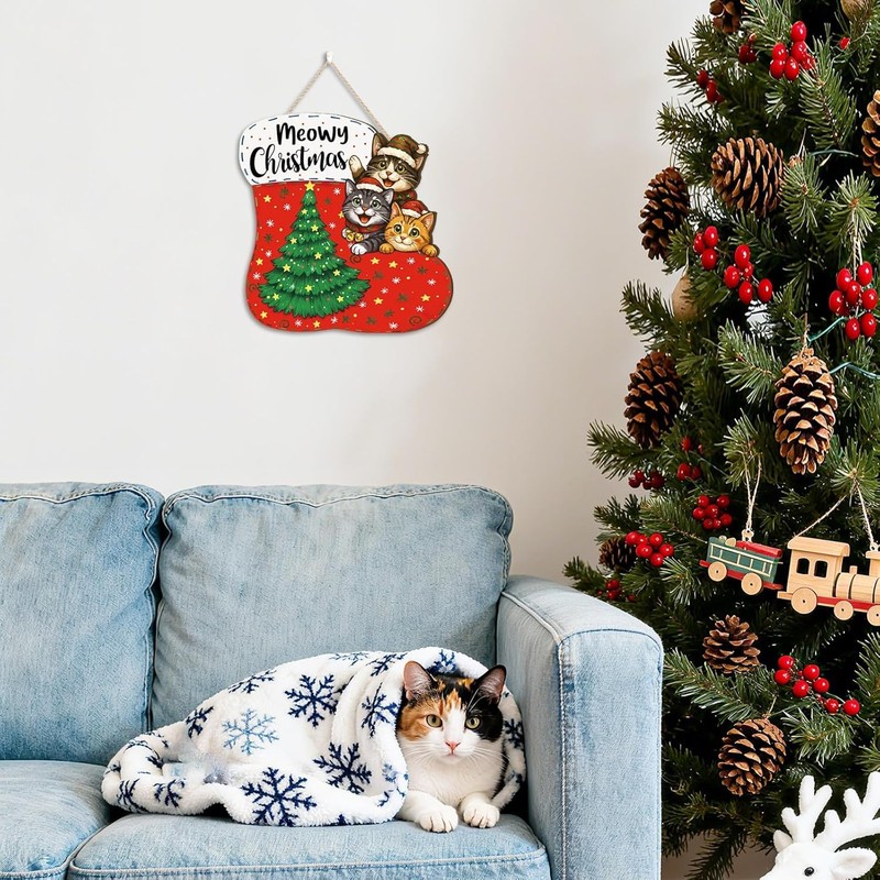Meowy Christmas Wood Sign Merry Christmas Wall Hanging for Front