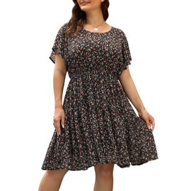 Nemidor Womens Casual Plus Size Summer Boho Chiffon Print Midi Skater Dress with Ruffle Sleeve NEM297(18,Black Red)