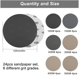 Eokeey Sandpaper 125 mm Velcro, Round Sanding Discs 1000/1500/2000/3000/4000/5000 Grits, Wet Dry Random Orbital Sanders Sandpaper for Metal Wood (Pack of 24)