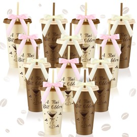 Jingmore 12 Pcs Martini Party Plastic Cup 24oz A Tini Bit Older Plastic Tumblers with Lids and Straws for Martini Birthday Decoration Bachelorette Bridal Shower Party Supplies (Brown,Coffee)