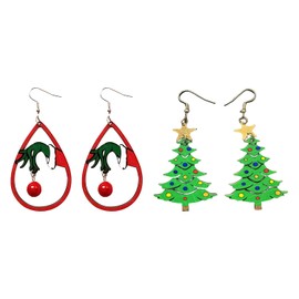 Bohue 2 Pairs Christmas Grinch Wooden Earrings Christmas Tree Earrings Cute Grinch Earring Christmas Xmas New Year Party Earrings for Women Girls
