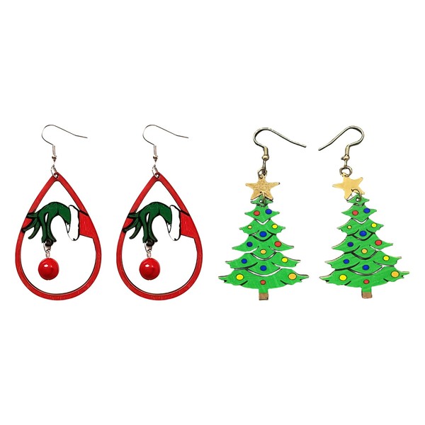 Bohue 2 Pairs Christmas Grinch Wooden Earrings Christmas Tree Earrings