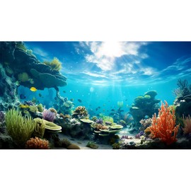Ocean Floor Fish Tank Background Underwater Coral Reef Stone Aquarium Background Under Water Seaweed Background Cave Sunlight Fish Tank Backdrop Decoration Aquarium Backdrop Durable Vinyl 72x16in