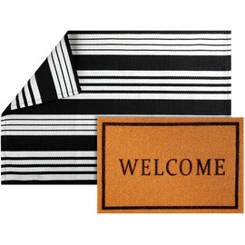 Maasechs 2 Pcs Welcome Doormat 24'' x 35'' Black White Stripes Outdoor Rug and 24'' x 16'' Coir Doormat Non Slip Layered Floor Mat for Outside Entrance Front Porch(Welcome)