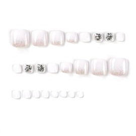 JUSTUSNX Pack of 24 Square White Artificial Toenails Rhinestone False Toenails Sequins Press on Toenails for Women and Girls