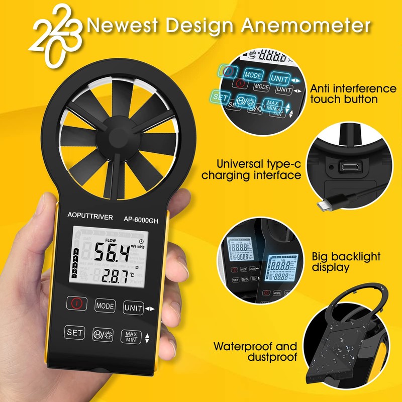 HVAC Anemometer Waterproof Rechargeable Anemometer with Touch-Screen, CFM Meter 0-999900