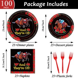 Qyeahkj 100PCS Derby Day Plates and Napkins Party Supplies Horse Racing Tableware Set Kentucky Party Decorations Favor Racing Horse Roses Dinner Plates for Derby Day Party Celebrations Serves 25
