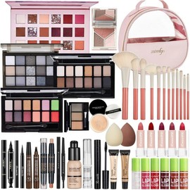 All-in-one Makeup Kit Travel Gift Set Women's Kit Full Bundle Includes Foundation Eyeshadow Palette Lipstick Eyeliner Mascara Contour Stick Cosmetic Brush Set / 올인원 메이크업 키트 여행 선물 세트 여성용 키트 풀 번들에는 파운데이션 아이섀도 팔레트 립스틱 아이라이너 마스카라 컨투어 스틱 코스메틱 브러시 세트가 포함되어 있습니다
