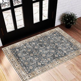 CHAMPLANT Washable Area Rug 2'x3' Door Mat Vintage Distressed Doormat Indoor Entrance Traditional Thin Rug Floral Print Non Slip Carpet for Kitchen Bathroom Bedroom Living Room