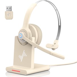 JIAMQISHI Bluetooth Headset - Wireless Headset with Noise Cancelling Microphone, V5.2 Computer Headphones with USB Dongle, Charging Base & Mic Mute for Work/Call Center/PC/Laptop/Online Class/Zoom