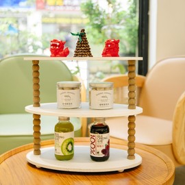 GENMOUS 3 Tier Beaded Cupcake Stand for Farmhouse Birthday Decor, Rustic Wood Cupcake Tower Holder for 24 Cupcakes, White Three Tiered Serving Tray Dessert Display Stand for Party Wedding Baby Shower