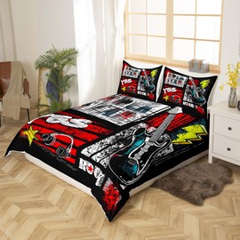 Manfei Rock Roll Duvet Cover Set Twin Size, Headset Guitar Bedding Set for Kids Boys Teens Bedroom Decor, Music Theme Comforter Cover Graffiti Style Bedspread Cover with 1 Pillowcase, No Filler