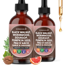 Wormwood Black Walnut Cleanse for Humans Drops Liquid Soursop Garlic Pumpkin Seed PAU D'Arco Oil of Oregano Turmeric Berberine Neem Extract Hull Bark Tincture - 4 oz