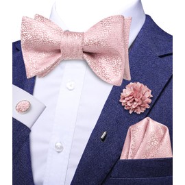 Hi-Tie Men Silk Blush Pink Bowties Groomsman Selftied Bowtie Lapel Pins Bow Ties Pocket Square Cufflinks Sets for Wedding Tuxedo