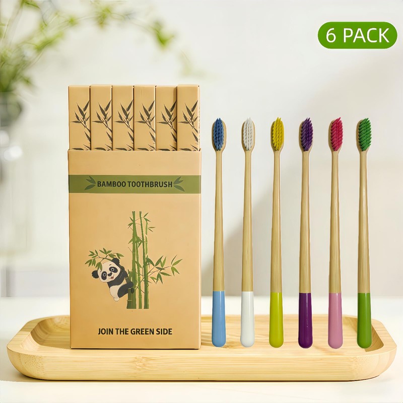 Gufiky Bamboo Toothbrushes Soft Bristles 6 Pack - Natural Wooden