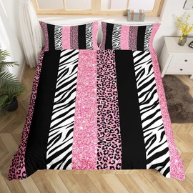 Leopard Kids Duvet Cover Set King Size,Glitter Cheetah Zebra Animals Skin Bedding Set,Girls Women Room Decor,Geometric Stripes Patchwork Comforter Cover,Pink Romantic Quilt Cover,2 Pillowcases