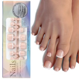 120PCS Press on Toenails French Tip Fake Toe Nails Short Square Glue on Toe Nail Press Ons Full Cover Acrylic Toenails for DIY (French design 9)
