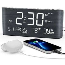 Mesqool Digital Alarm Clock, with Calendar Temperature and Humidity, Loud Volume, Dual Alarm, USB and Type-C Charging Ports, Dimmer, 12/24H, Snooze, Stylish Wood Grain Pattern Digital Clock for Décor