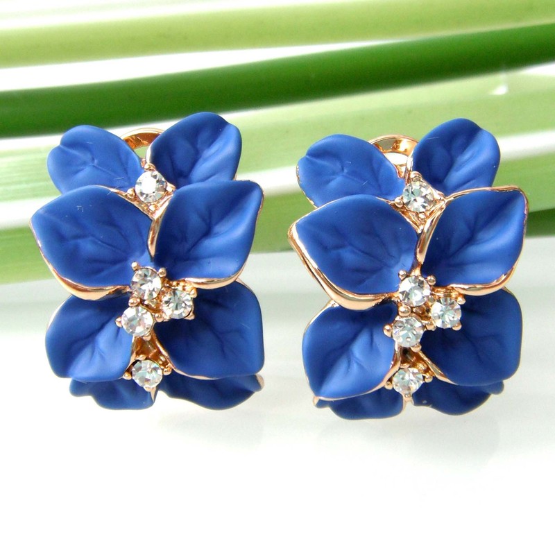 Navachi 18k Gold Plated Crystal Royalblue Enamel Leaves Flower Az2121e