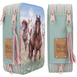 Depesche 13121 Miss Melody Hoof Clatter - Filled 3-Compartment Pencil Case in Pale Green with Horse Motif, Pencil Case with Colouring Pencils, Ruler, Scissors and Much More