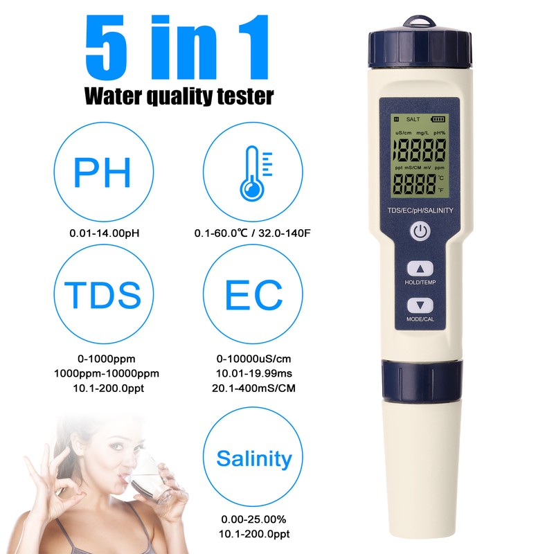 5 in 1 Professional Multi-parameter Combo Testing Meter PH/EC/TDS/Salinity/Thermometer Digital