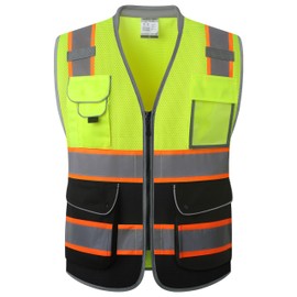 JKSafety 9 Pockets Class 2 Hi-Vis Safety Vest High Visibility Reflecitive Mesh Safety Vests for Men and Women Cushioned Collar Work Utility PPE Work Gear ANSI/ISEA compliant (101-YBlack XL)