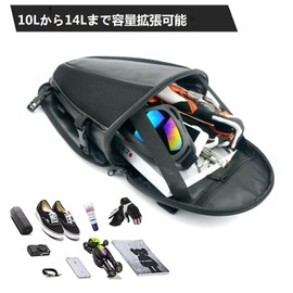 COOLEAD Motorcycle Seat Bag, Waterproof, Cowl Shape, Large Capacity, Expandable from 10L to 14L, Impact Resistant, Built-In Sorting Pocket, Scratch Resistant, Anti-Theft, Includes Fixed Belt, Shoulder