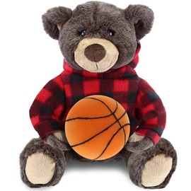 DolliBu Brown Bear Stuffed Animal with Basketball Plush – Super Soft Huggable Bear with Red Plaid Hoodie, Plush Toy Wildlife Gift for Kids and Adults - 10 Inch
