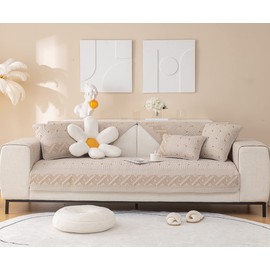 XSlive Farmhouse Cotton Quilted Sofa Cover Weave Pattern Embroidery Sectional Couch Cover Soft Nonslip Sofa Slipcover Furniture Protector Cover for Pets Kids Children Dog Cat (Khaki,36"x82")