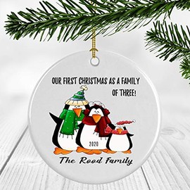 The Rood Family - Family of Three Ornament 2020 First Christmas as a Family of 3, Cute Penguins Mommy Daddy New Baby Shower Plastic Present Keepsake 3 Inches