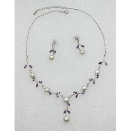 Faship Gorgeous CZ Crystal Genuine Freshwater Pearls Floral Necklace Earrings Set - Purple
