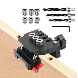 Adjustable Self Centering Doweling Jig,3-in-1 Woodworking Dowel Jig,L/T Shaped Woodworking Creates Edge,6/10mm x 3 Drill Guide Bushings,6/8/10mm Drill Bits and Stop Collars