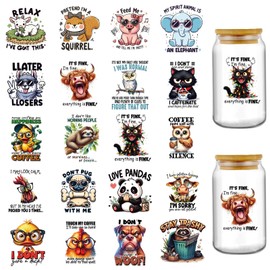 Funny UV DTF Cup Wraps - 20 Sheets Fun Animal Uvdtf Tumbler Wrap for 16 oz Glass Coffee Cups, Cute Black Cat Dog Chicken Transfer Stickers DIY Water Bottle Creative Decorations Gifts for Colleagues