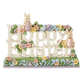 Enesco Jim Shore Heartwood Creek Hoppy Easter Sign with Bunnies Figurine, 6.18 Inch, Multicolor