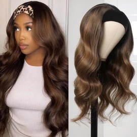 olimaruly Headband Wig Human Hair Highlight Ombre Body Wave Headband Wig 30 Inch #4/27 Honey Blonde Brazilian Glueless Wig None Lace Front Wigs for Black Women 150% Density