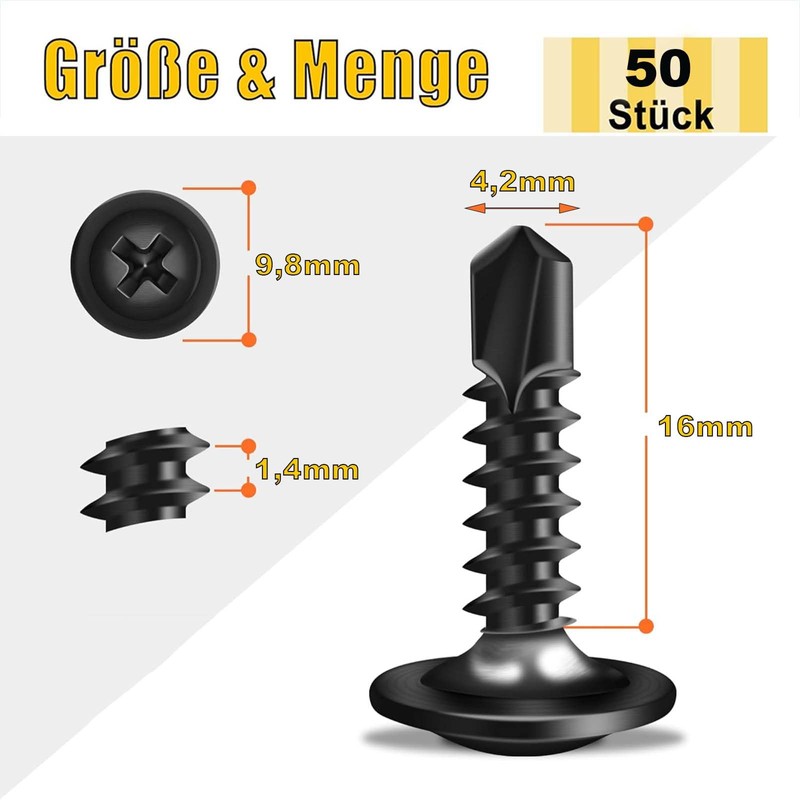 Pack of 50 self-tapping screws, 4.2 x 16 mm, self-tapping