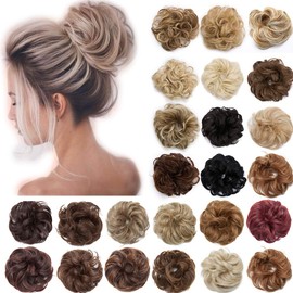 S-noilite Hair Bun Extensions Messy Wavy Curly Dish Donut Scrunchie Hairpiece Accessories Chignons Updo Ponytail Pony Tail Synthetic Hair Extension for Women Girl -1 Piece 40G Dark Blonde to Bleach Blonde