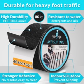 LifeGrip Stay on Track Lifegrip Anti Slip Tape, 4 Inch x 60 Foot Non-Slip Traction Grip Tape for Stairs, Waterproof Stair Treads Grip Non Slip, Non Skid Tape for Steps, Outdoor Black Grip Tape (4" X 60')