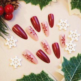 LPOODDNU Christmas Press on Nails Medium Almond Shape Fake Nails Glossy Red Christmas Snowflake Nails Press ons Medium Length Christmas False Nails Cute Christmas Stick on Nails for Women, 24Pcs