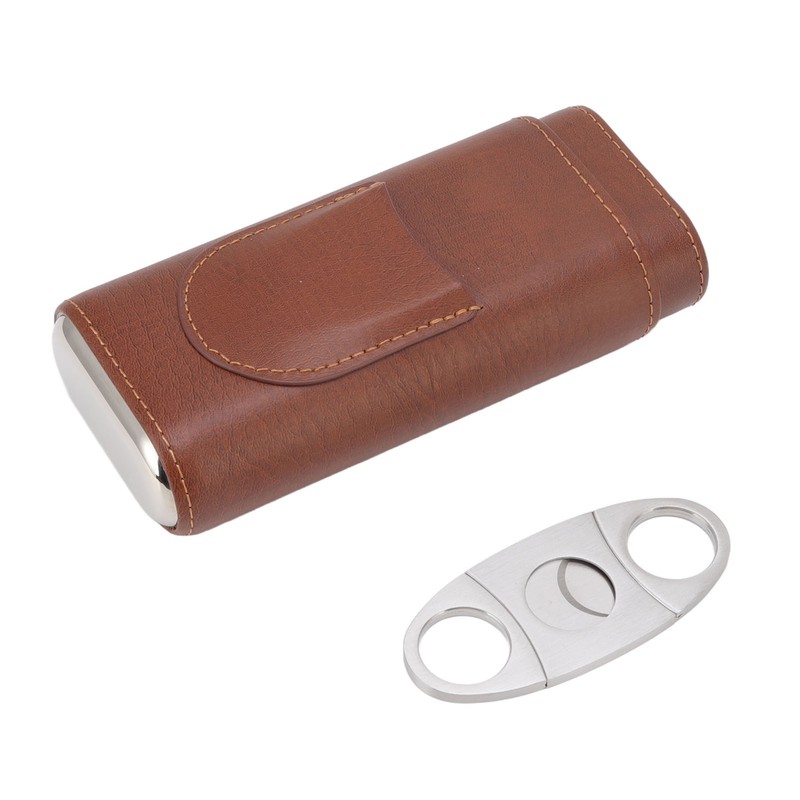 3 Finger Cigar Case Leather Cedarwood Lining Travel Portable Cigar