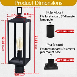 Large Outdoor Post Light Fixture, 21.3 Inch Lamp Post Light Fixture for Garden, E26 Bulb Base, Steel and Glass Post Mount Light for Outside, Large Outdoor Post Lantern for Front Yard