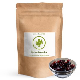 BIO Astaxanthin 12 mg hochdosiert - 60 vegane Kapseln - Hergestellt aus Haematococcus Pluvialis-Mikroalge - mit OIivenöl