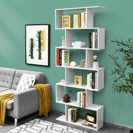 Tangkula 6 Tier S Shaped Bookshelf, 31.5''L x 9''W x 75''H, Wooden Bookcase and Bookshelves w/Anti-Toppling Device, Room Divider Display Shelves for Living Room, Home Decor, 6 Shelf Bookshelf