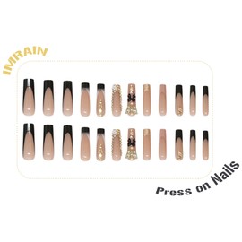 IMRAIN Press on Nails Long Square Fake Nails Rhinestone French Tips False Nails with Bow & Butterfly Design Glue on Nails Glossy Acrylic Nails for Women Manicure 24Pcs Stick on Nails