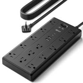 10Ft Extension Cord with Multiple Outlets, Flat Plug Power Strip with 2100J Surge Protector, 13 Outlets, 2 USB A, 2 USB C, Desk USB Charging Station, Home Office, College Dorm Room Essentials, Black
