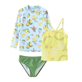 Lollisy Girls 3 Piece Rash Guard Swimsuits Set Tankini Bathing Suits for Girls Long Sleeve Beach Swimwear Lemons Yellow Size 6/6X