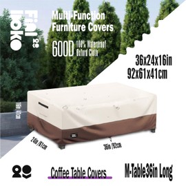 Finiboko Patio Coffee Table Cover, 42" L x 26" W x 16" H Patio Rectangular Side Table Covers,100% Waterproof 600D Heavy Duty Outdoor Table Cover,Beige&Brow